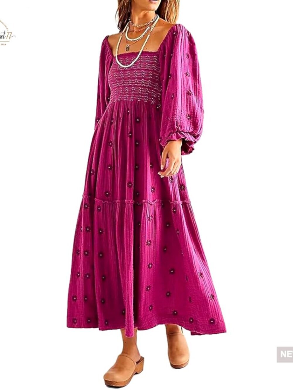Seersucker Maxi Dress with Embroidered Flowers, Pockets, Square Neck